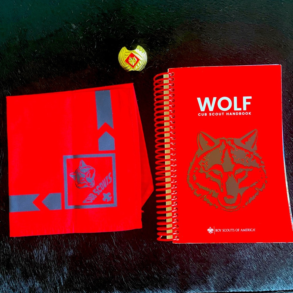 NEW ❤️ Cub Scouts Wolf Products-Neckerchief, Slide & Book. All brand new.